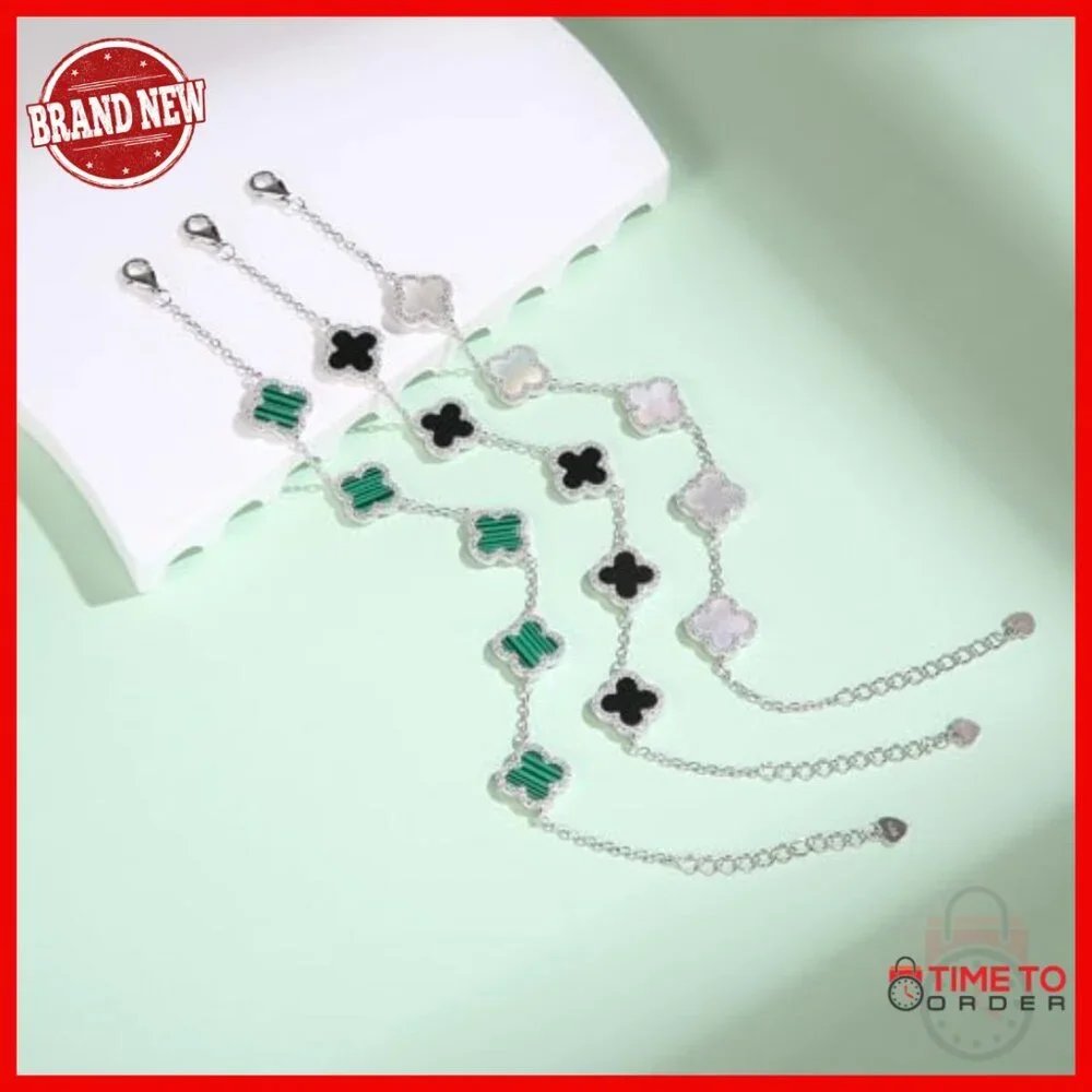 925 Sterling Silver Adjustable Malachite Clover Charm Bracelet